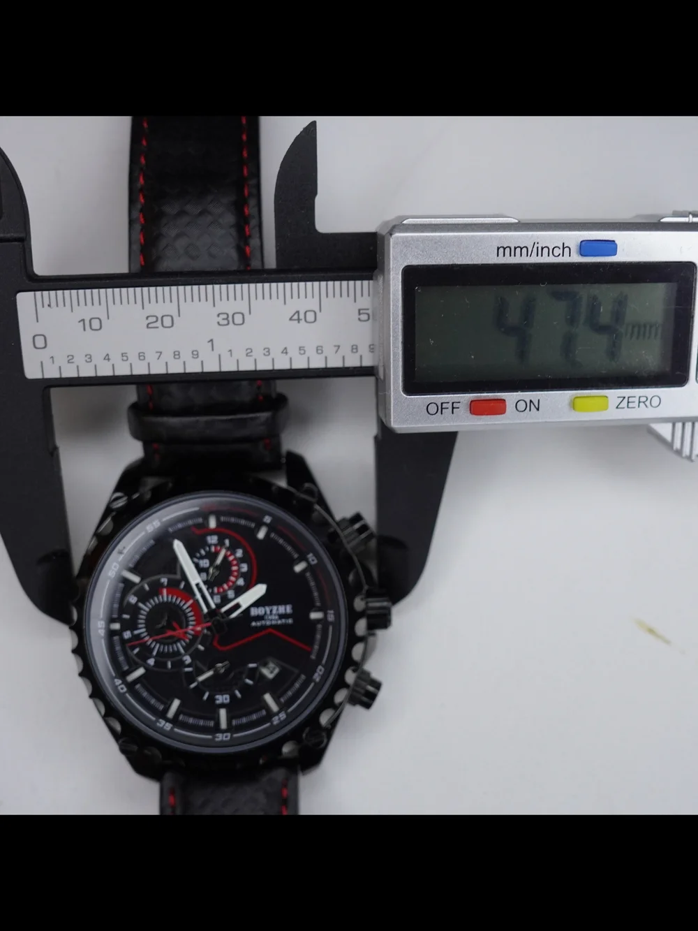 BOYZHE F1908 Automatic Men's Watch 47mm Black Red Dial Leather Strap Date